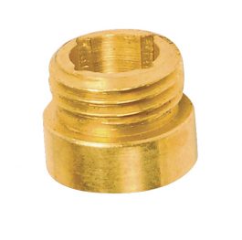 Gold-colored metal plumbing compression fitting isolated on a white background.
