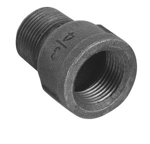 Black iron pipe reducer fitting on a white background.