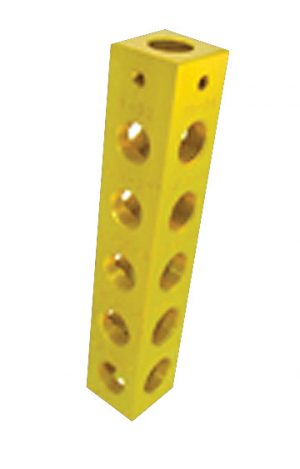 Yellow construction toy girder with multiple holes on a white background.