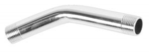 Chrome-plated metal pipe elbow with threaded ends on a white background.