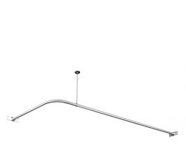 Minimalist curved metal shower curtain rod on a white background.
