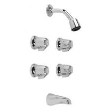 Chrome bathroom fixtures including showerhead, valves, and spouts on a white background.