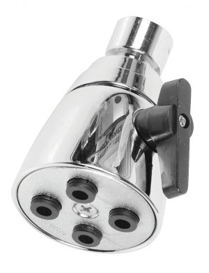 Chrome showerhead with multiple nozzles and adjustment lever on white background.