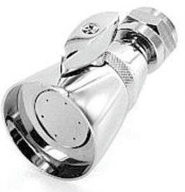 A shiny, chrome-plated adjustable showerhead against a white background.