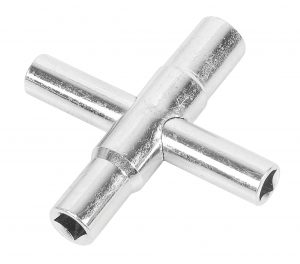 Four-way metal cross wrench against a white background.