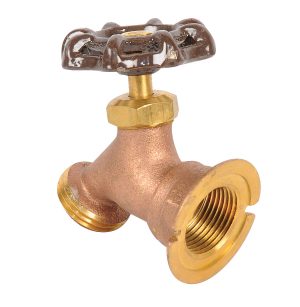 Brass water tap with a brown wheel handle, isolated on white background.