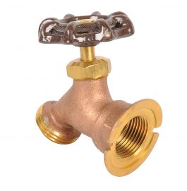 Brass water tap with a brown handle isolated on a white background.