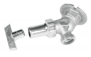 Aluminum BNC connector with additional metal piece on a white background.