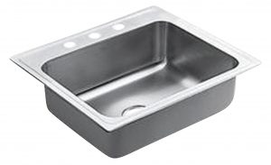 Stainless steel single-bowl kitchen sink with faucet holes and drop-in installation design.