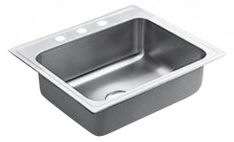 Stainless steel single-bowl kitchen sink with faucet holes on ledge.