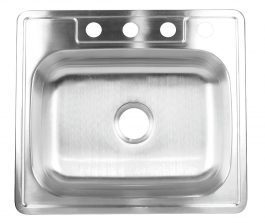 Stainless steel kitchen sink with a single basin and faucet holes, isolated on white.