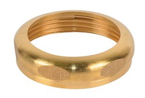 Gold-colored metal ring with threaded interior on a white background.