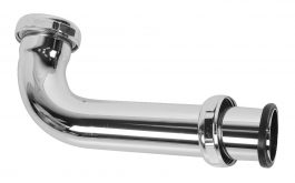 Shiny chrome P-trap pipe for plumbing installations.