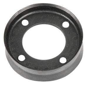 A circular black metal flange with four holes on a white background.