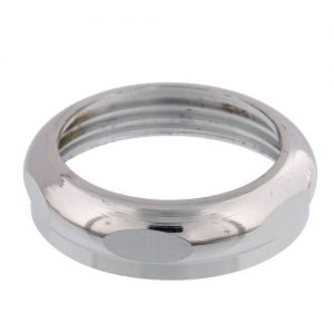 A silver metallic threaded ring isolated on a white background.