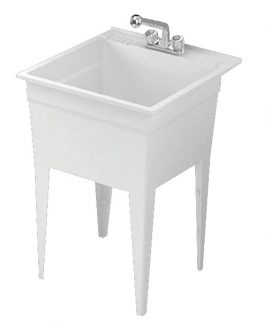 Freestanding white utility sink with faucet, isolated on a white background.