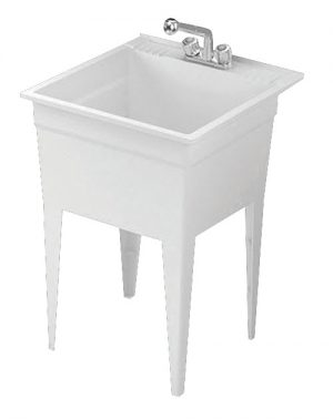 Freestanding white utility sink with faucet, isolated on a white background.