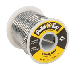 A spool of 50% tin and 50% lead wire solder by Dutch Boy, made in the USA, weighing 1 pound.