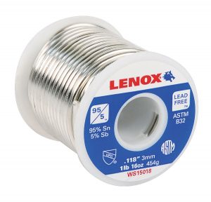 A spool of lead-free solder wire with 95% tin and 5% antimony labeled by Lenox.
