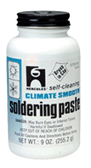 Bottle of Climate Smooth soldering paste, net weight 9 oz, with safety and brand information.