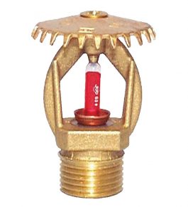 Brass fire sprinkler head on a white background.