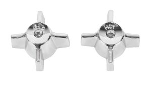 Two silver faucet handles with "HOT" and "COLD" markings on white background.
