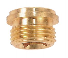 Brass plumbing adapter with male threads isolated on a white background.