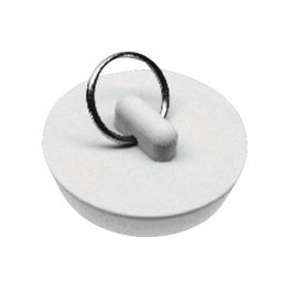 White sink plug with metal chain on a plain background.