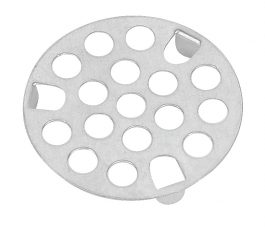 A metal spaghetti measure with various-sized holes on a white background.
