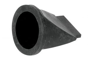 Black rubber funnel with a wide opening and angled spout on white background.