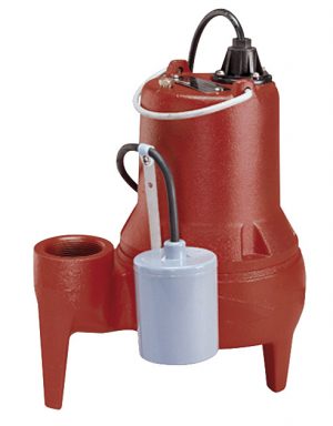 Red industrial submersible pump with attached float switch against a white background.