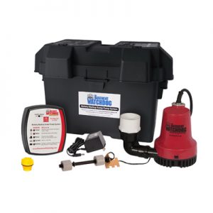 Sump pump system with battery backup and accessories displayed on a white background.