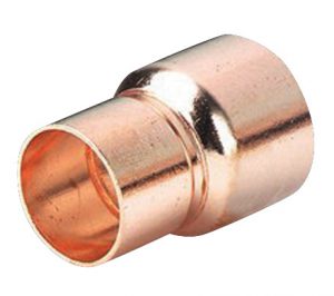 A shiny copper pipe connector on a white background.