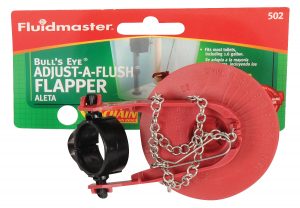 A packaged Fluidmaster toilet flapper valve with adjustable chain on display.