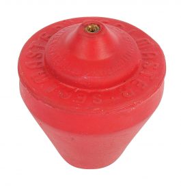 A red rubber sink plunger with embossed text on a white background.
