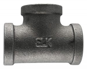 A black cast iron pipe tee fitting isolated on a white background.