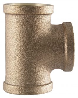 Bronze T-shaped pipe fitting isolated on a white background.