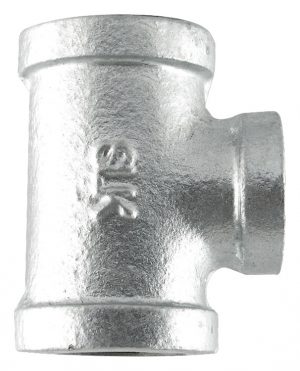 Galvanized steel pipe tee fitting on a white background.
