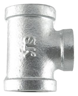 Metal pipe tee connector on a white background.