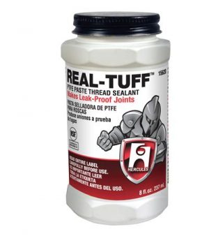 Container of REAL-TUFF PTFE paste thread sealant for leak-proof joints.
