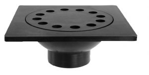 Black square shower drain cover with multiple circular holes on a white background.