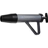 A black handheld hairdryer with a concentrator nozzle and a diffuser attachment.