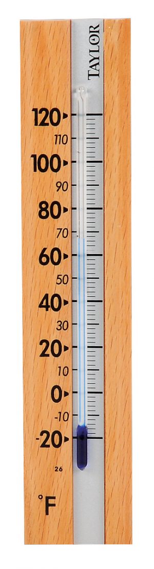 A traditional wooden wall-mount thermometer showing a temperature around 60 degrees Fahrenheit.