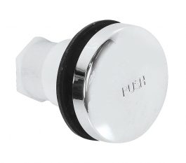 Close-up of a white and chrome push button with "PUSH" text inscribed on it.