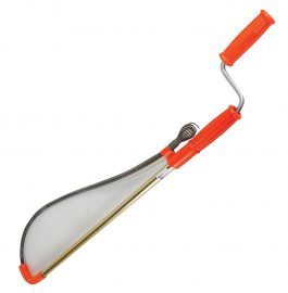 An orange-handled manual drain auger tool on a white background.