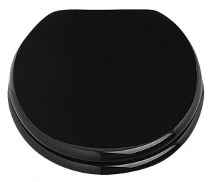 A black, round wireless charging pad against a white background.