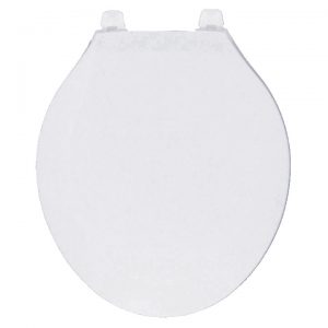 A white, closed toilet seat isolated on a white background.