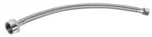 Flexible metal hose with threaded connectors on a white background.