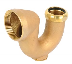 Brass elbow pipe fitting with female threaded connections on a white background.