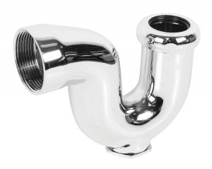 Shiny chrome P-trap pipe for sink plumbing on a white background.